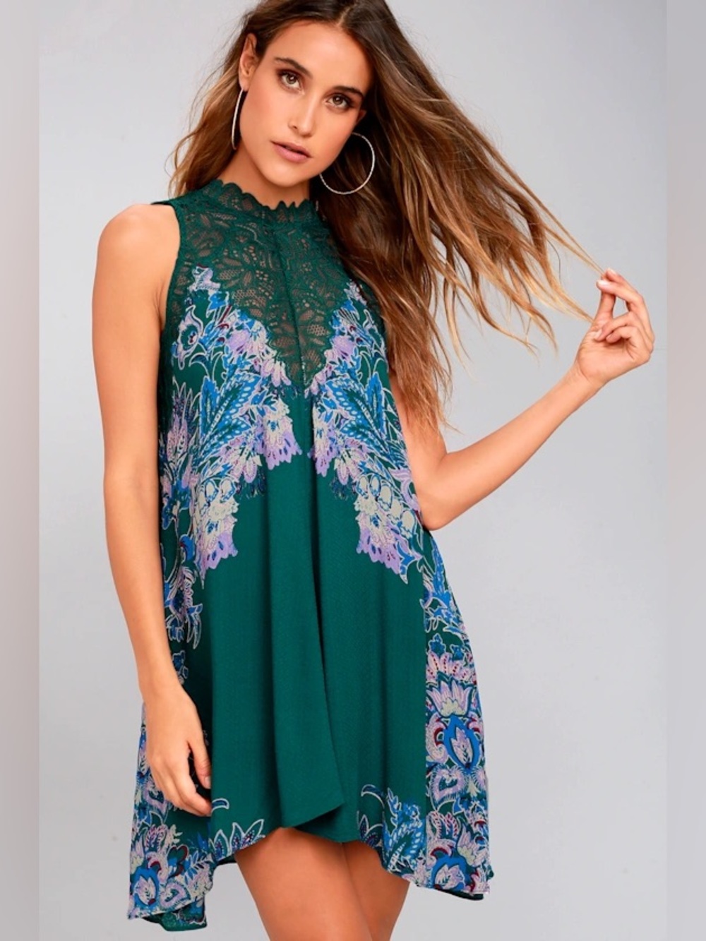 Free People teal green lace slip dress
